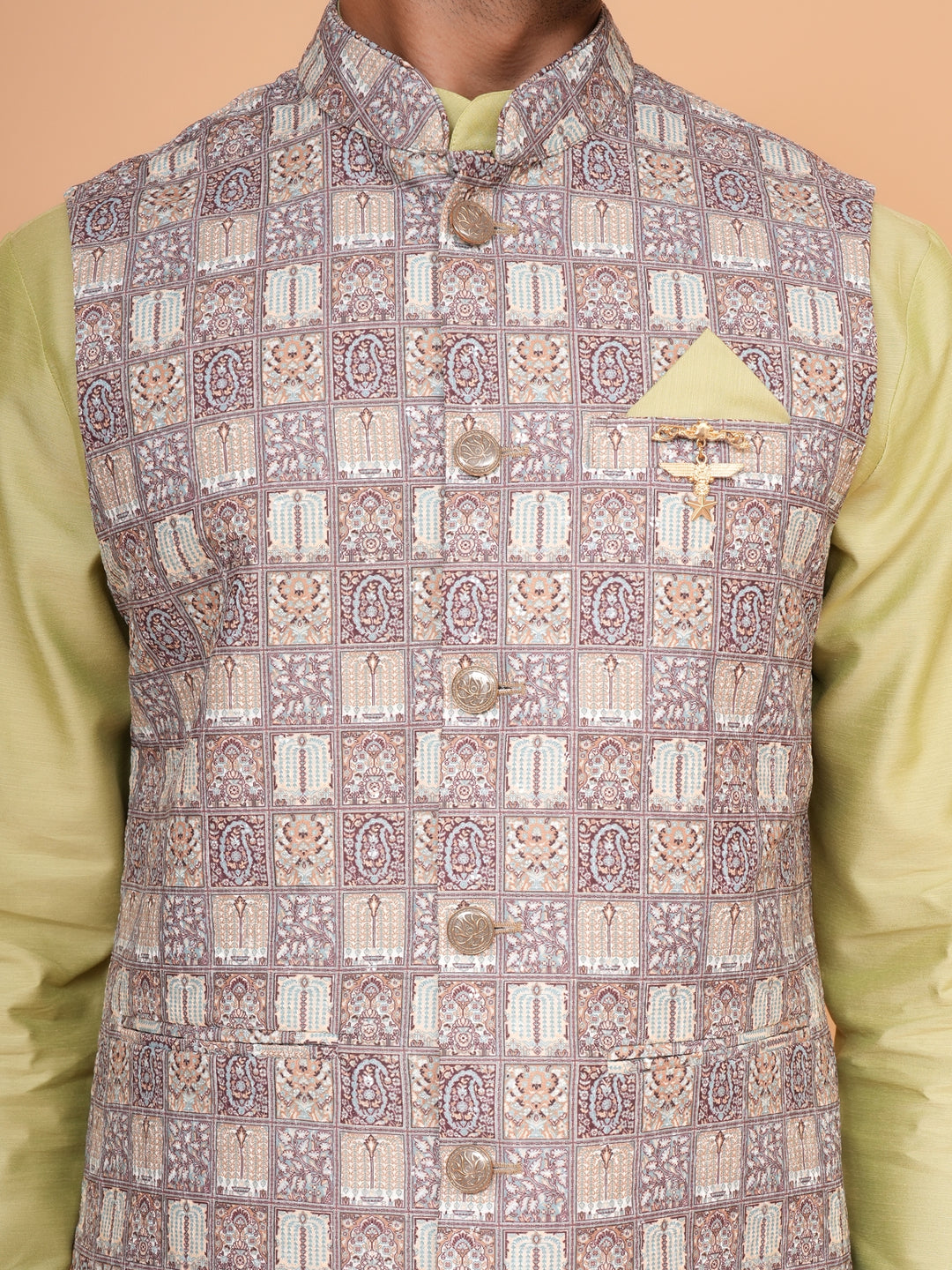 Checked Pista Jacket Kurta Set - JM43524-1469A
