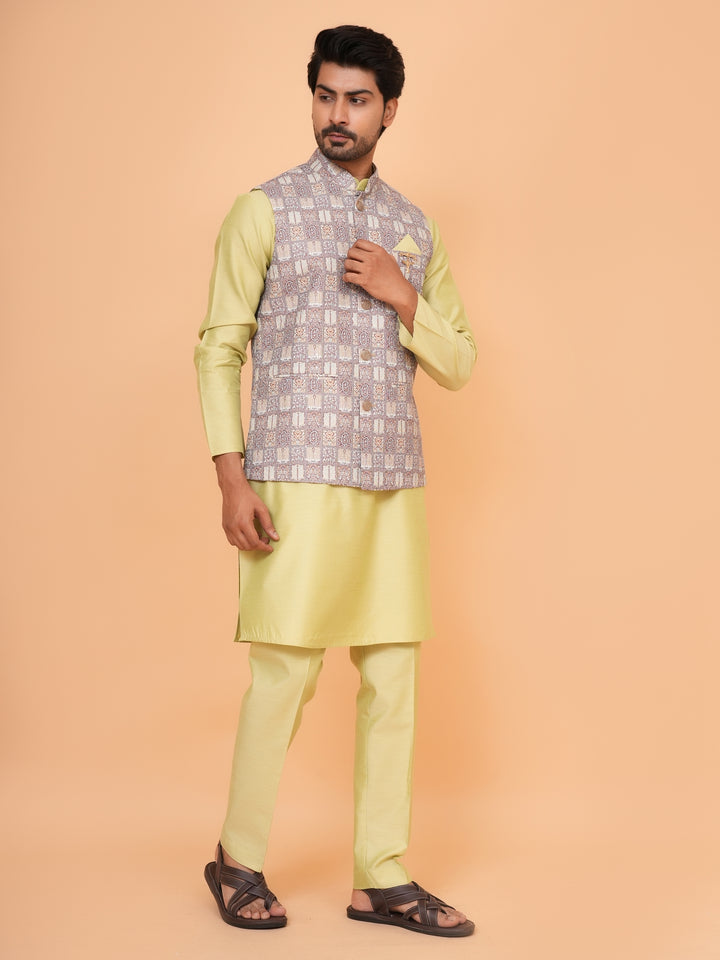 Checked Pista Jacket Kurta Set - JM43524-1469A