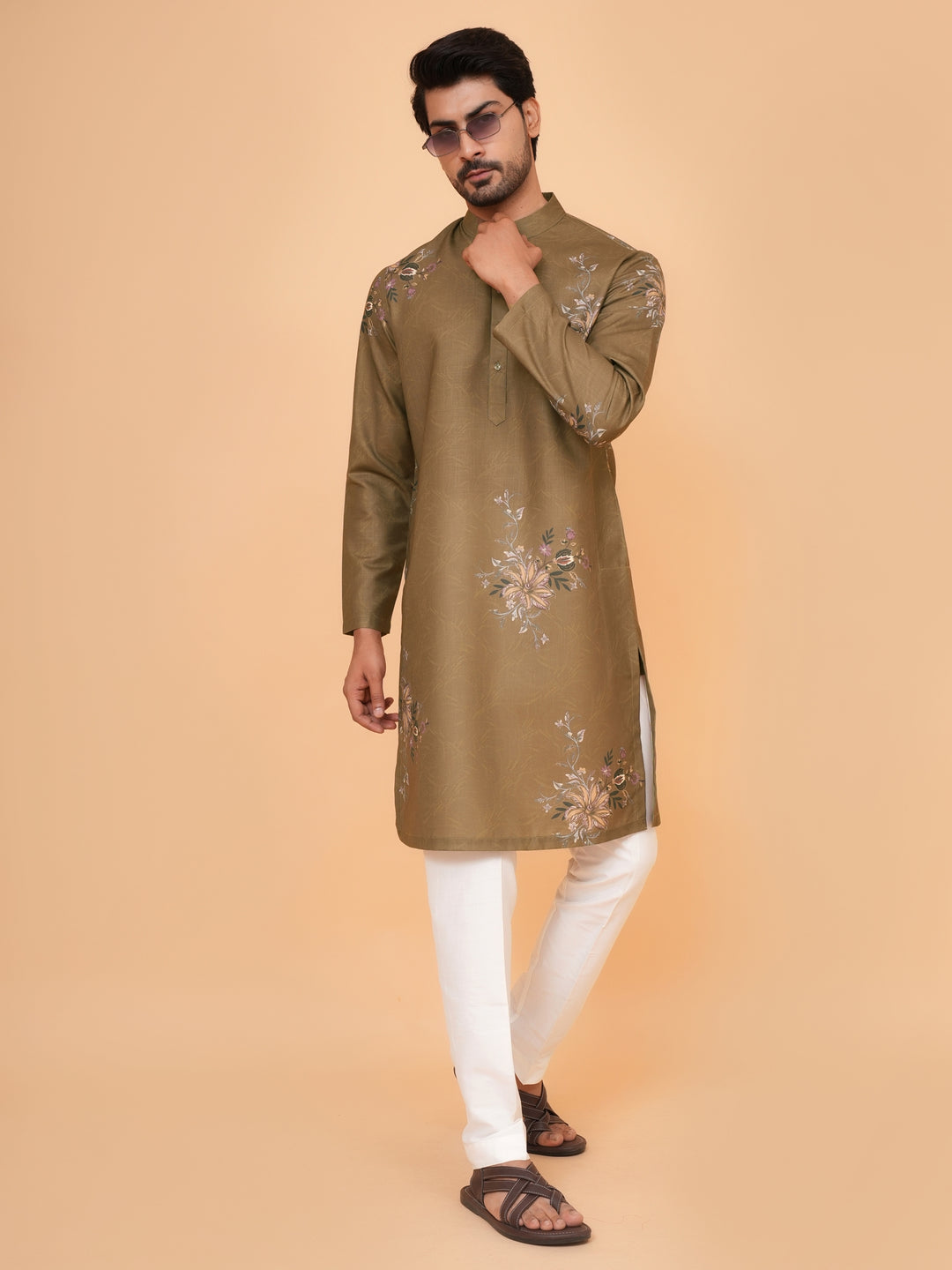 Floral Khaki Kurta Set - KM44545-4