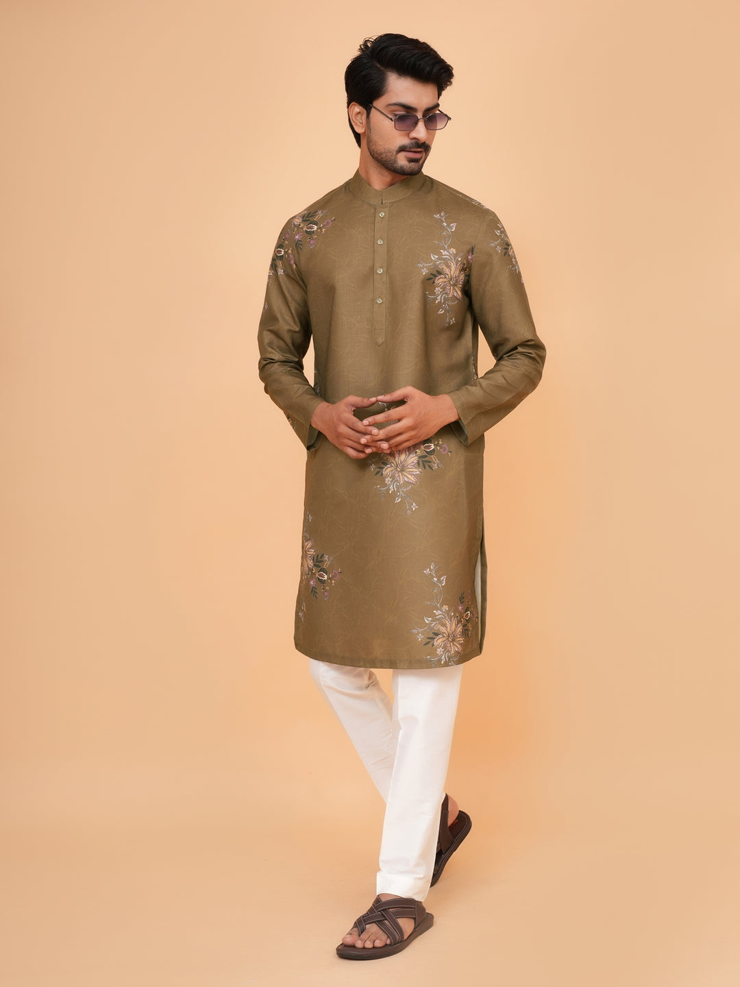 Floral Khaki Kurta Set - KM44545-4