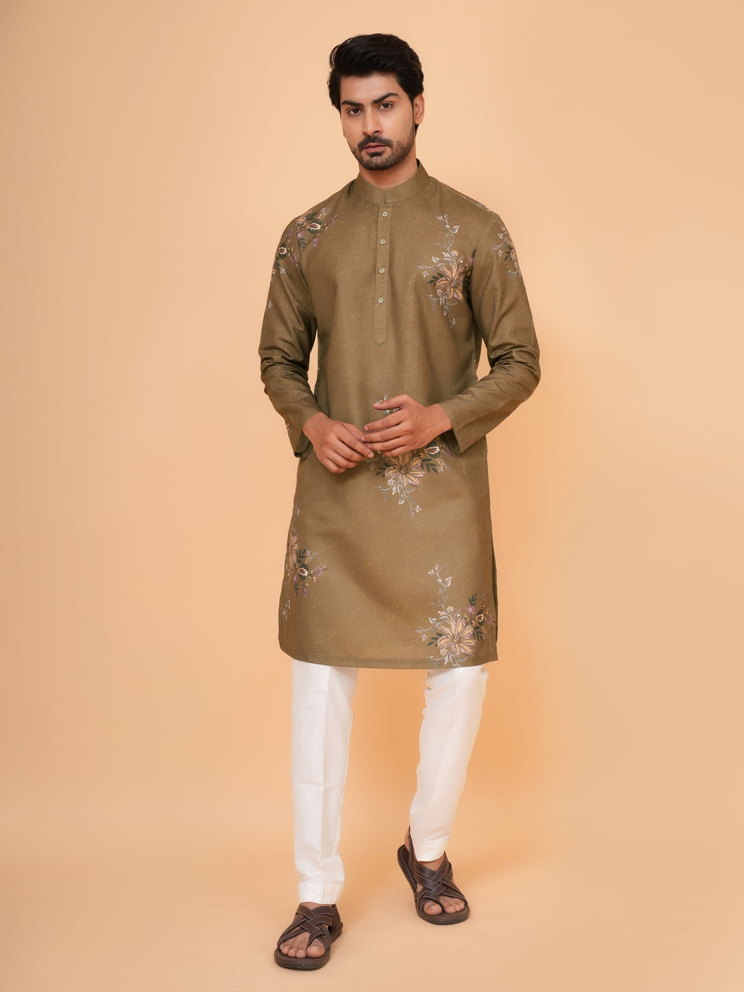 Floral Khaki Kurta Set - KM44545-4