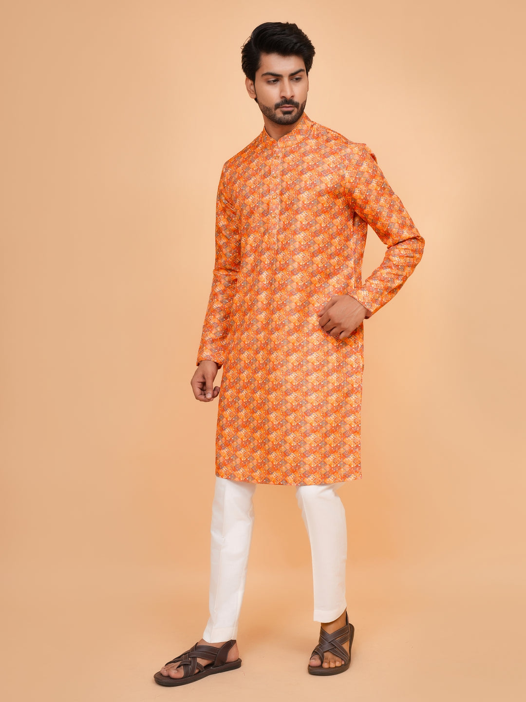 Checked Orange Kurta Set - KM43393-3