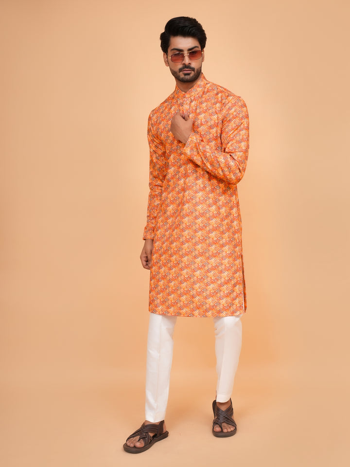 Checked Orange Kurta Set - KM43393-3