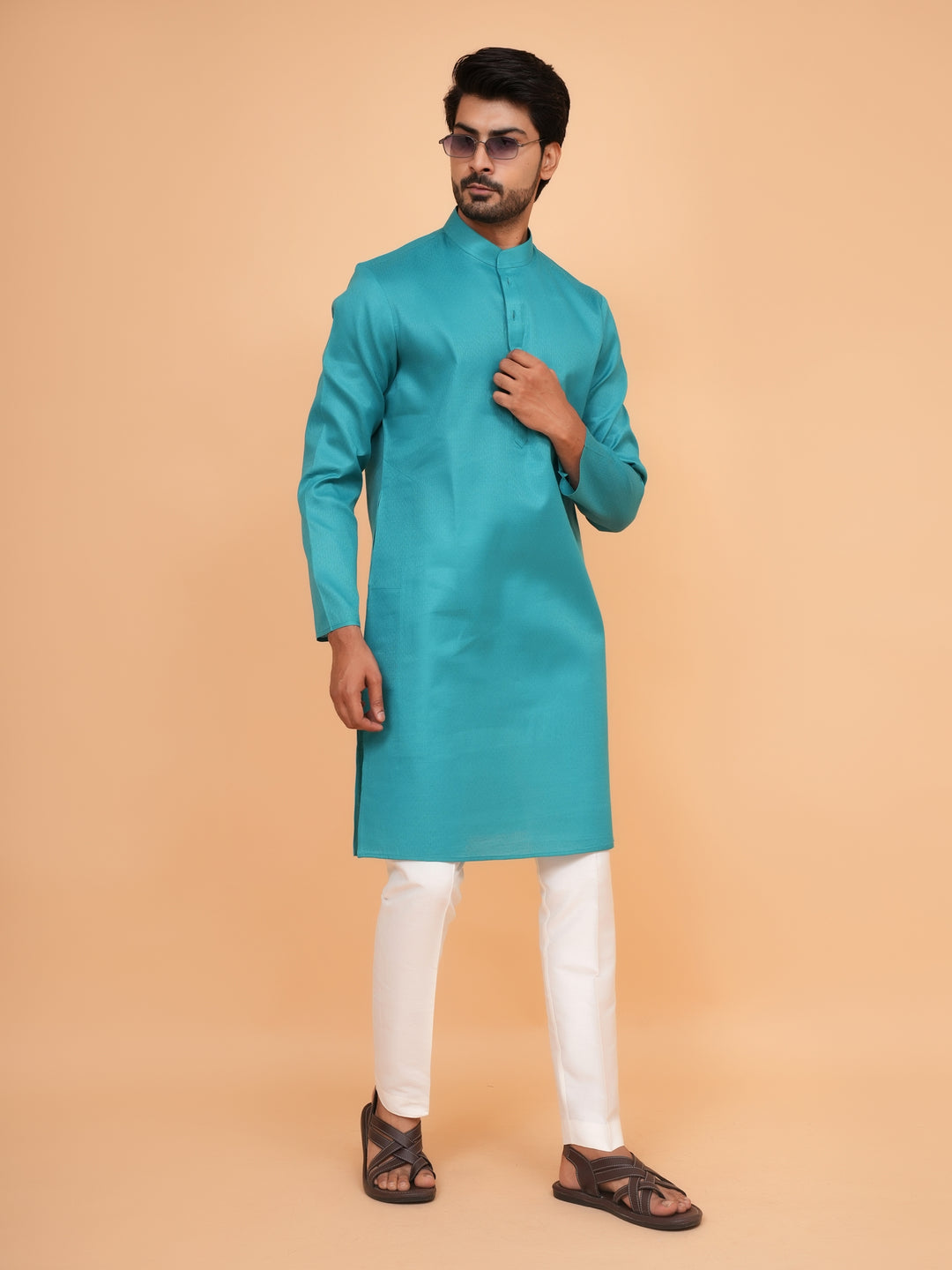 Checked Sea Green Kurta Set - KM44091-1