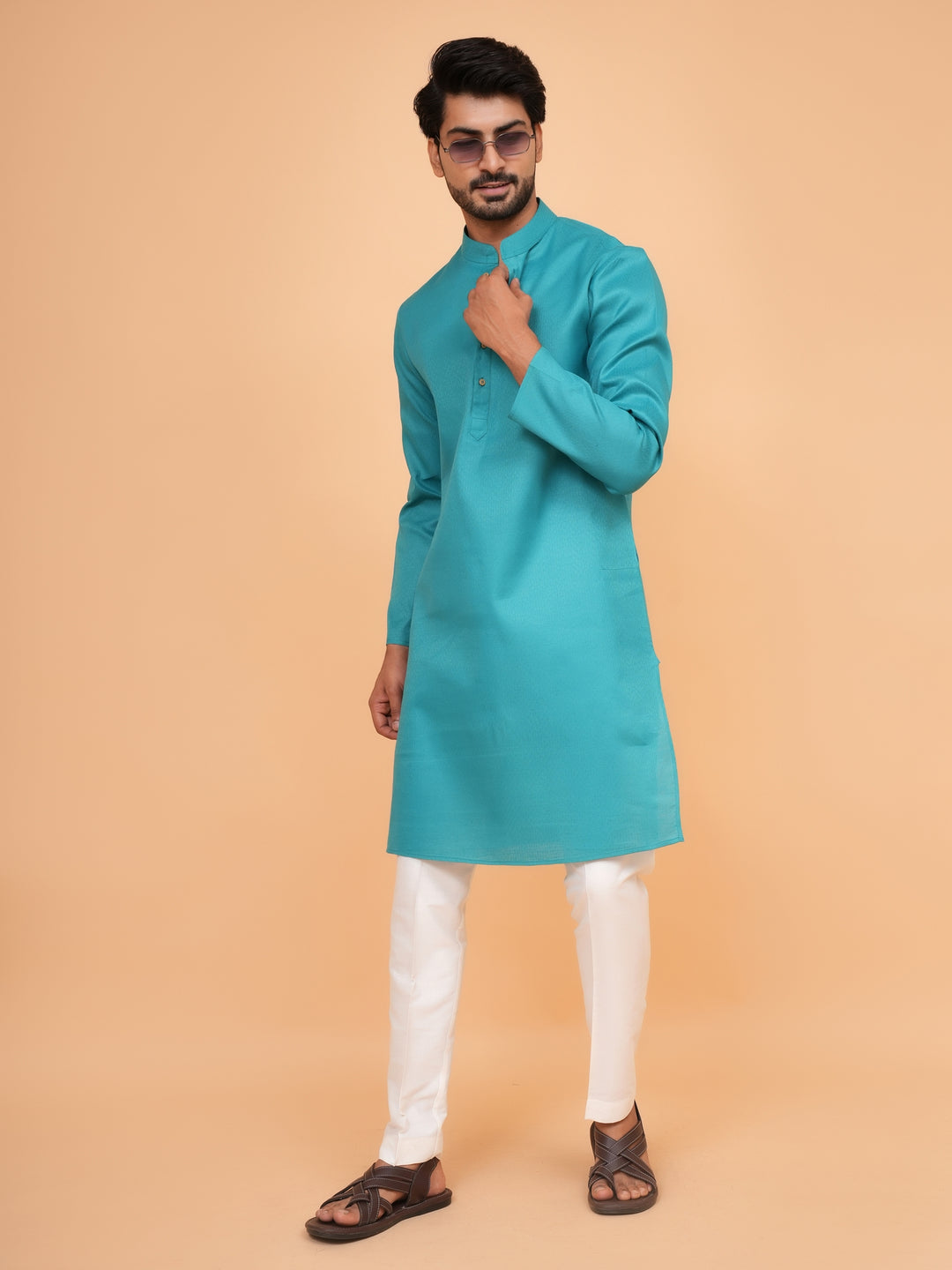 Checked Sea Green Kurta Set - KM44091-1