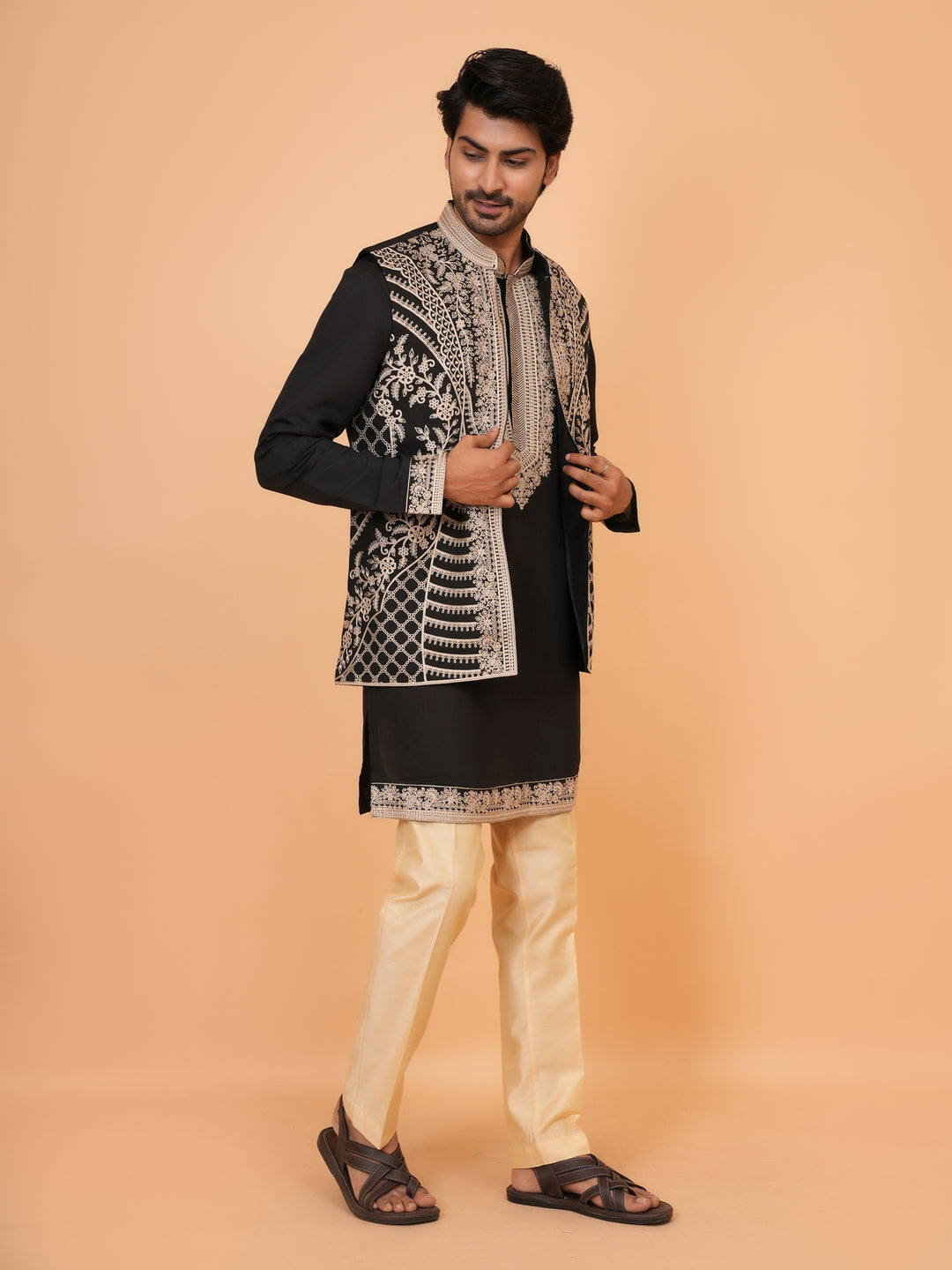 Embroidered Black Jacket Kurta Set - JT42611-145