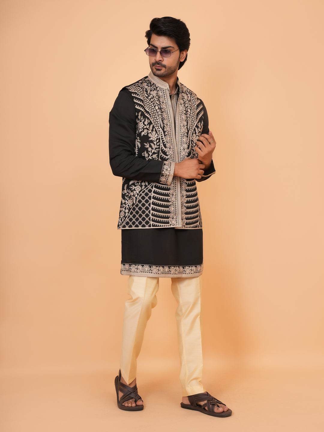 Embroidered Black Jacket Kurta Set - JT42611-145