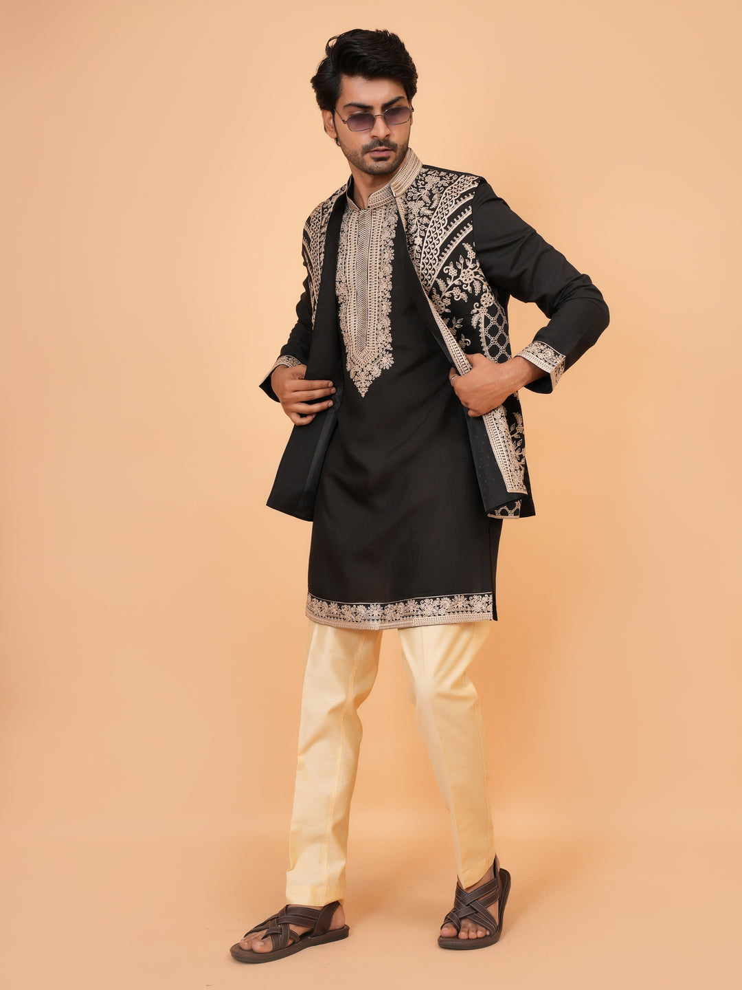 Embroidered Black Jacket Kurta Set - JT42611-145