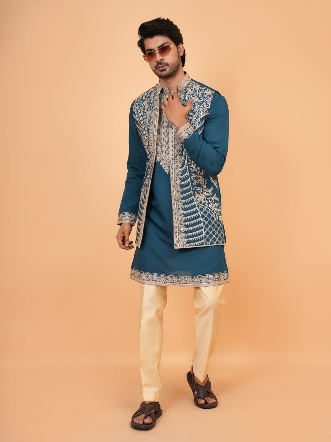 Embroidered Green Jacket Kurta Set - JT42611-142