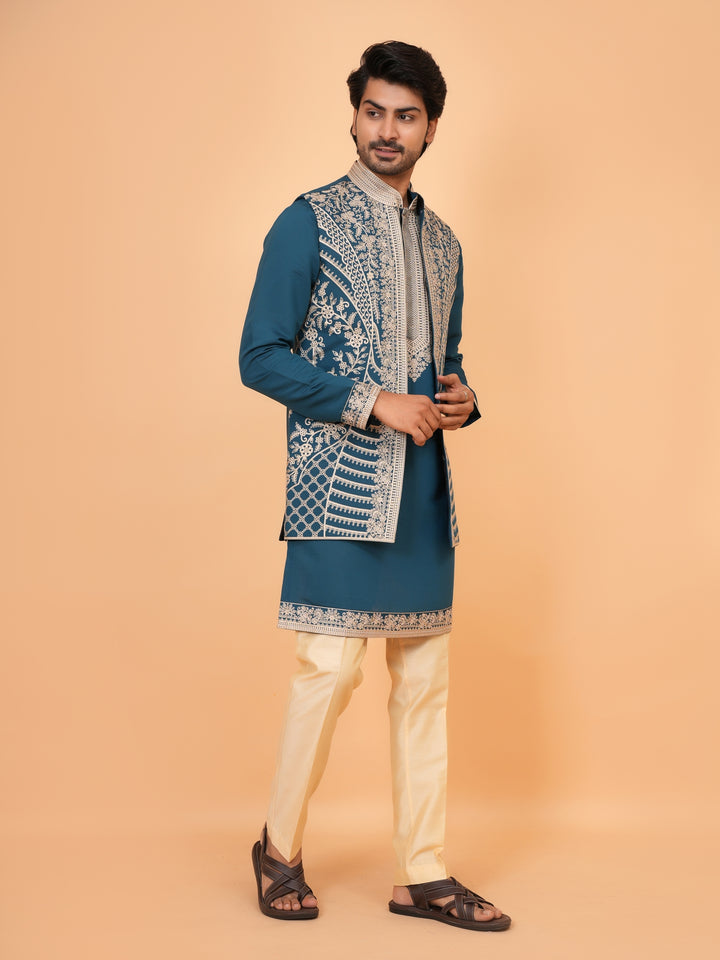 Embroidered Green Jacket Kurta Set - JT42611-142
