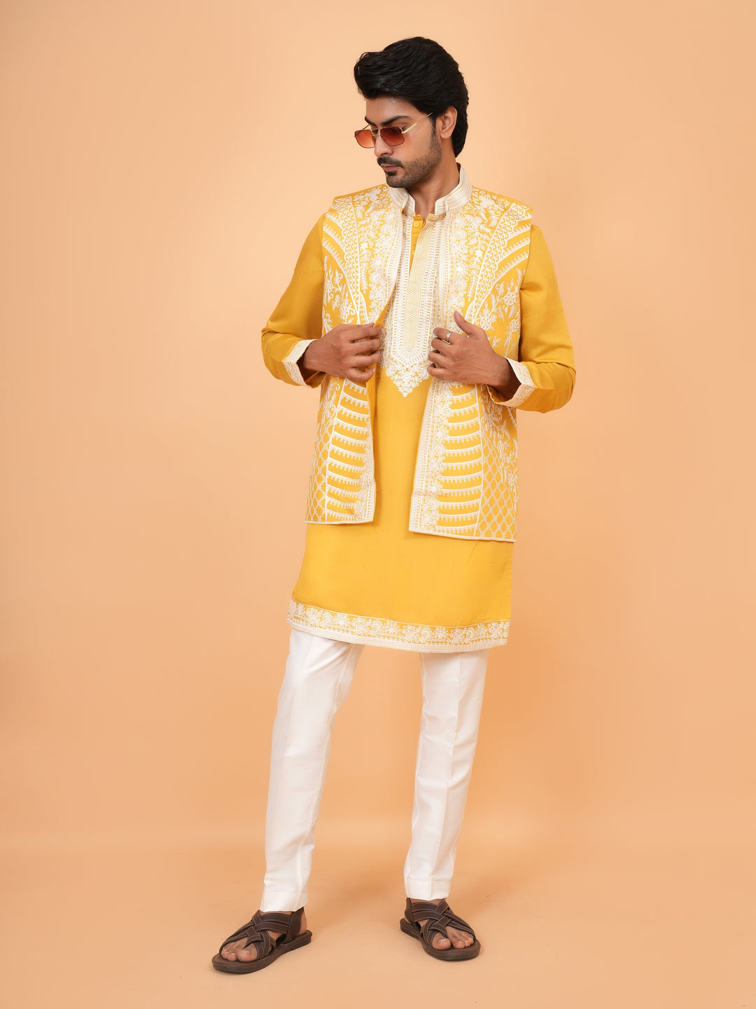 Embroidered Mustard Jacket Kurta Set - JT42611-143