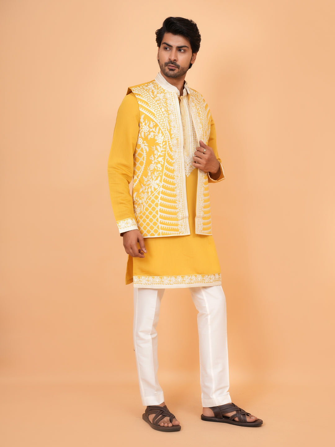 Embroidered Mustard Jacket Kurta Set - JT42611-143