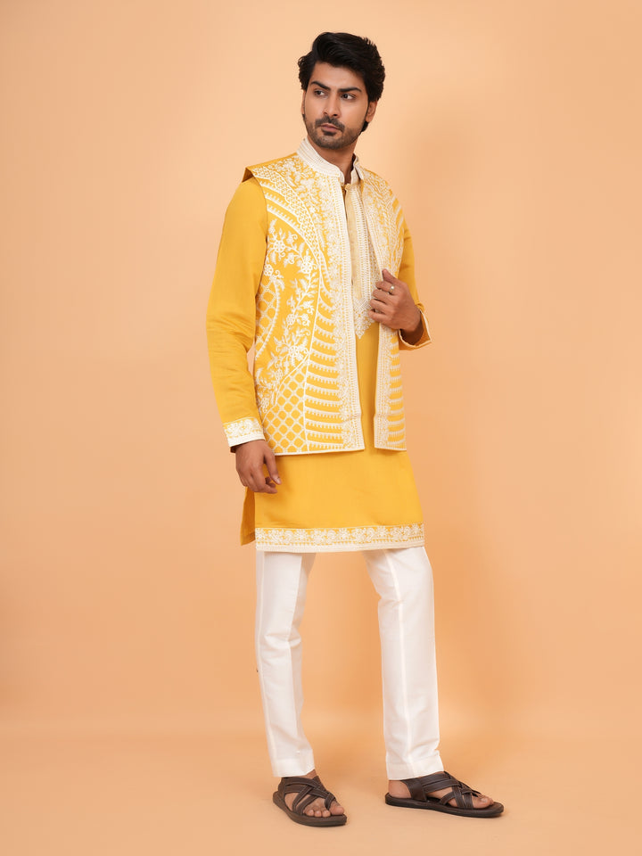 Embroidered Mustard Jacket Kurta Set - JT42611-143