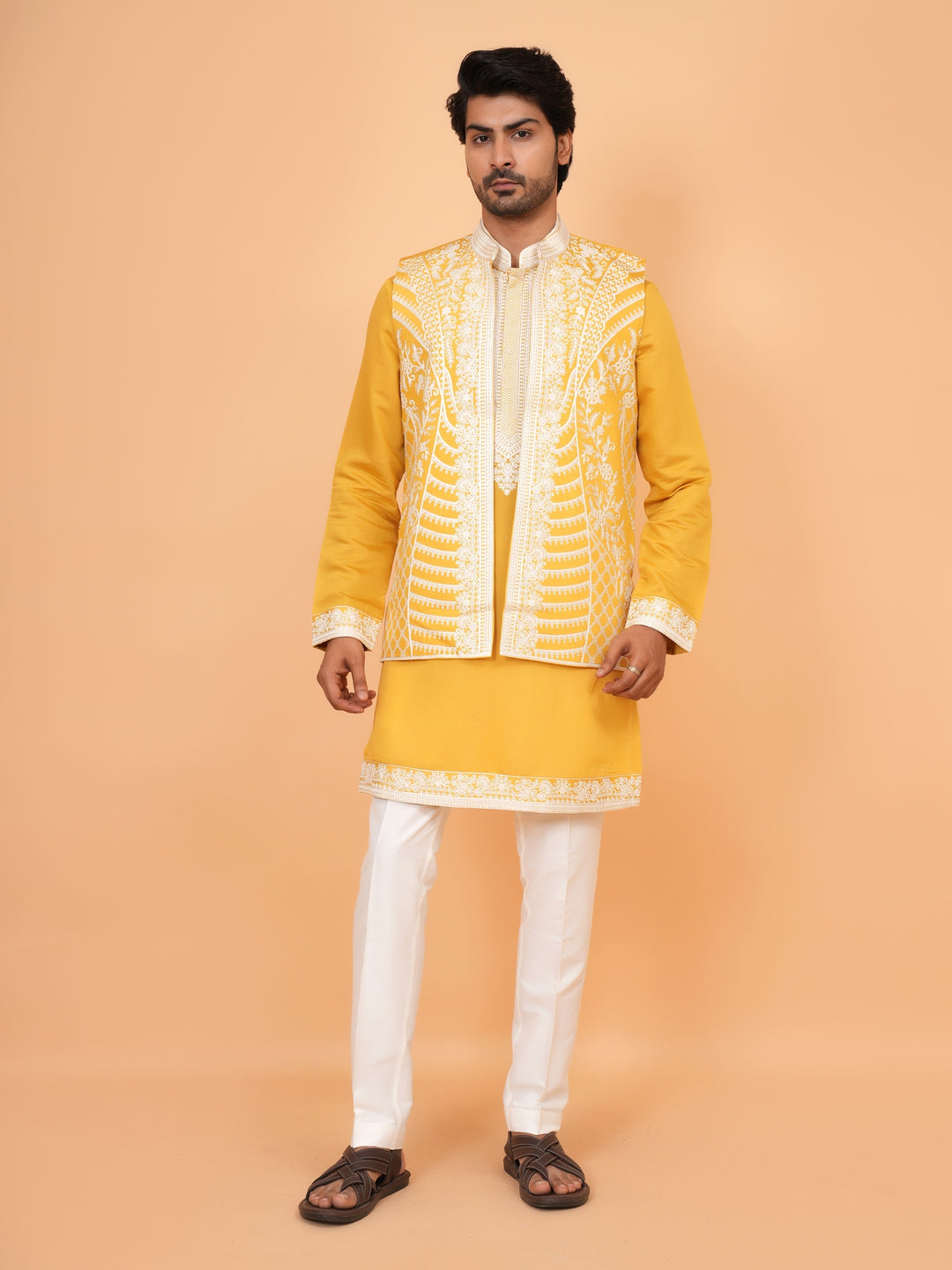 Embroidered Mustard Jacket Kurta Set - JT42611-143