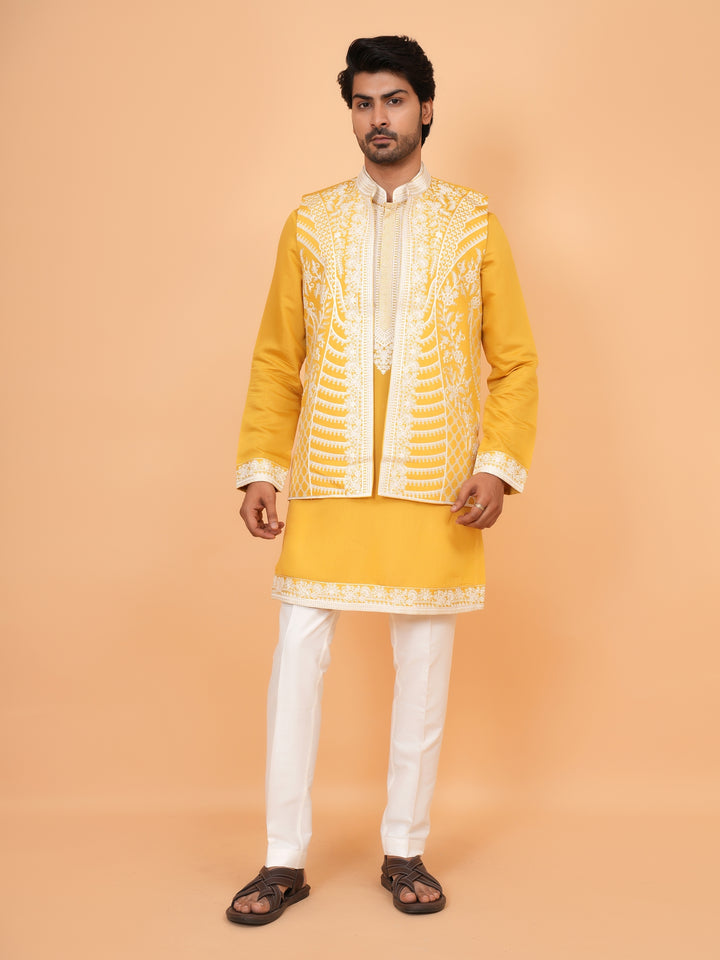 Embroidered Mustard Jacket Kurta Set - JT42611-143