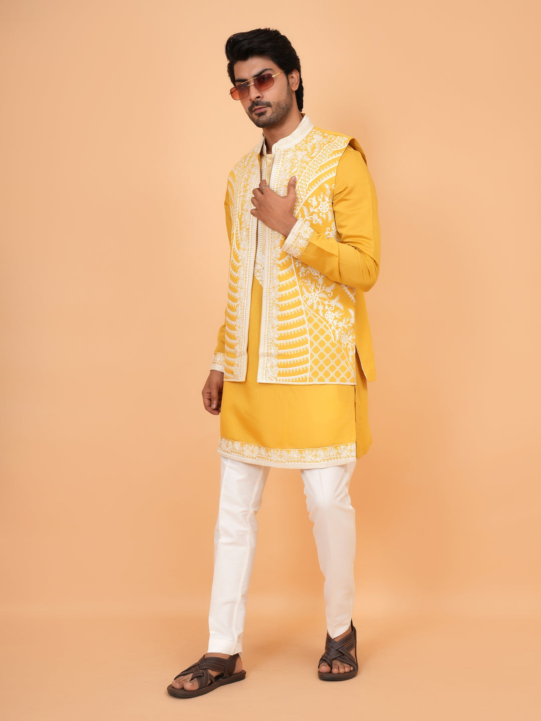 Embroidered Mustard Jacket Kurta Set - JT42611-143