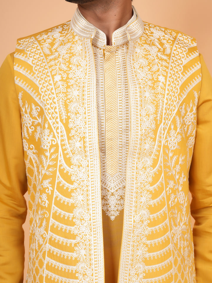 Embroidered Mustard Jacket Kurta Set - JT42611-143