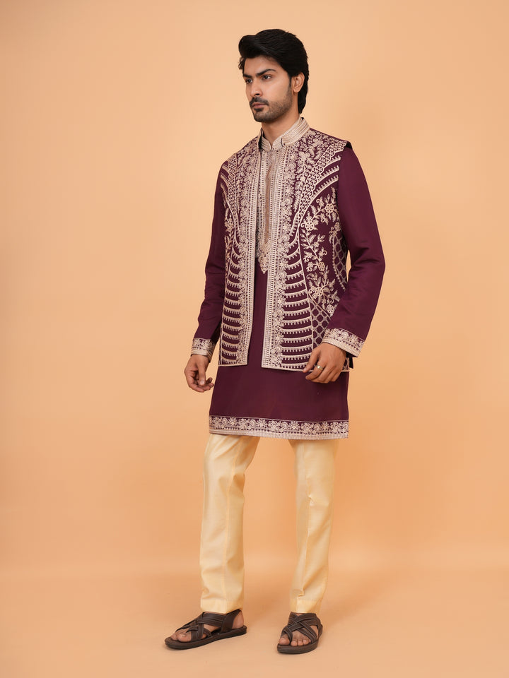 Embroidered Wine Jacket Kurta Set - JT42611-144