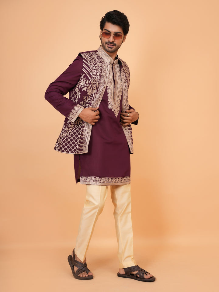 Embroidered Wine Jacket Kurta Set - JT42611-144