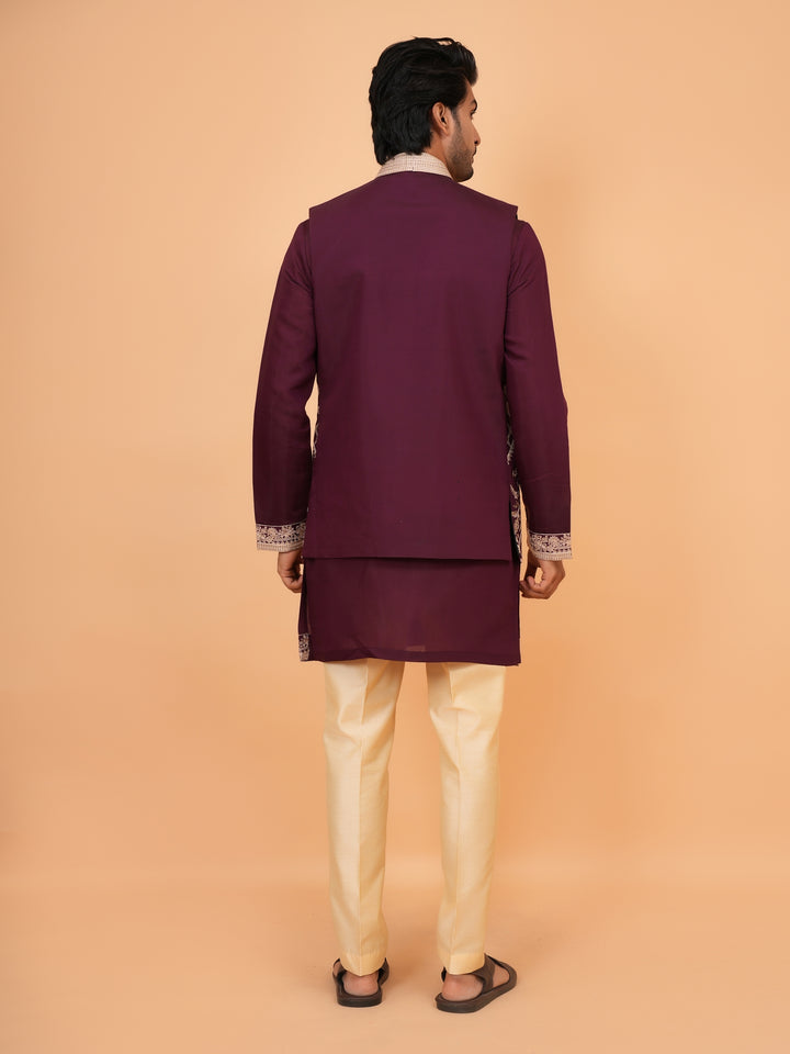 Embroidered Wine Jacket Kurta Set - JT42611-144