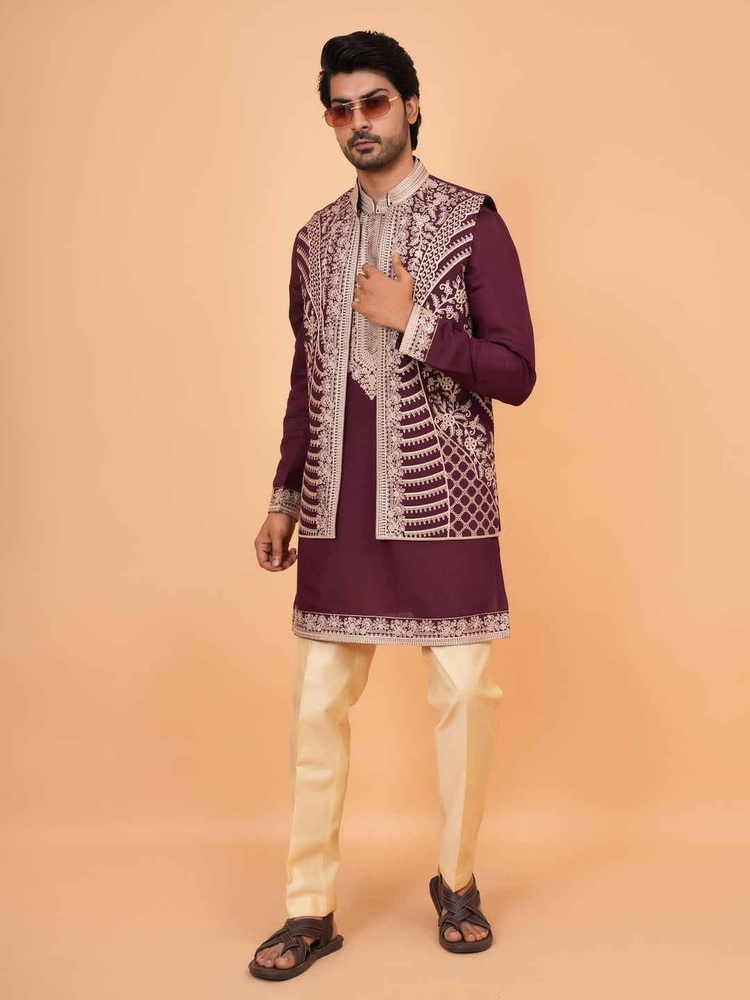 Embroidered Wine Jacket Kurta Set - JT42611-144