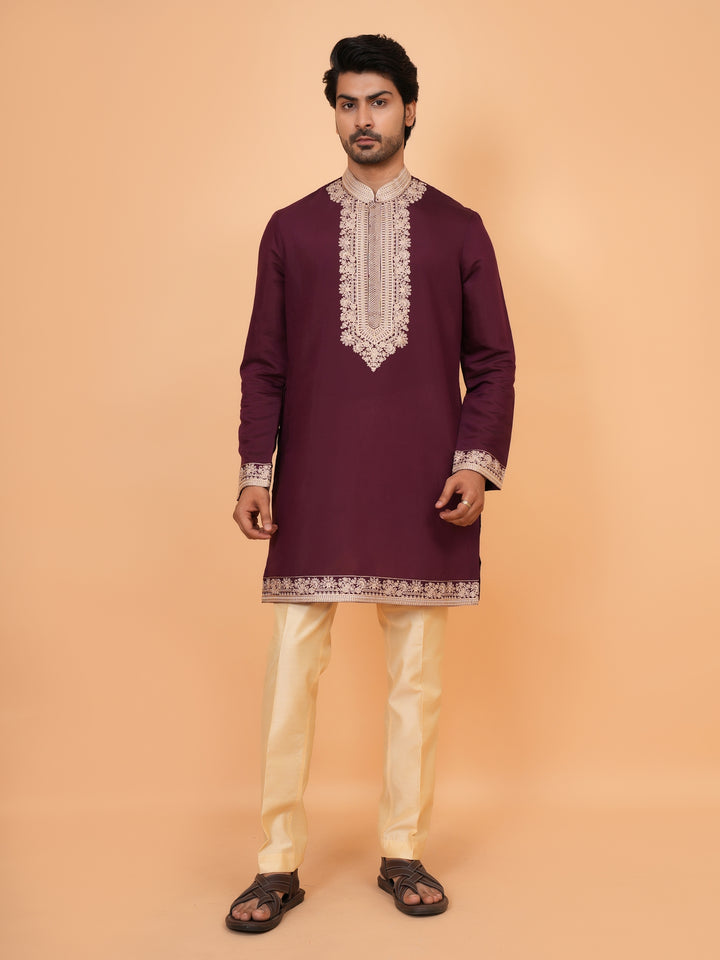 Embroidered Wine Jacket Kurta Set - JT42611-144