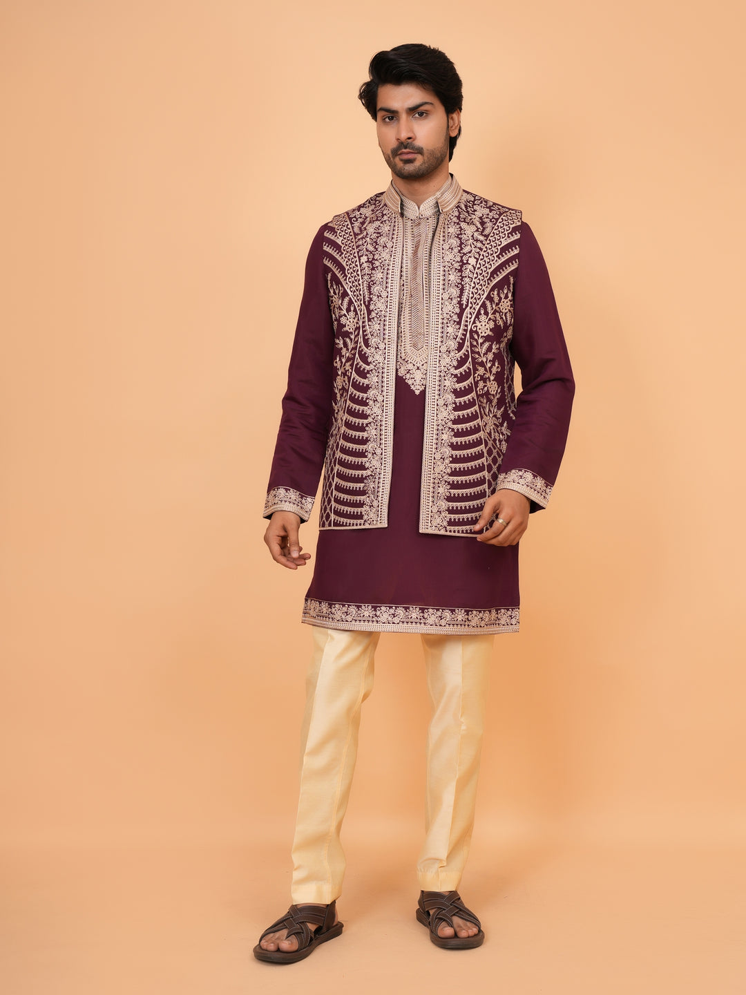 Embroidered Wine Jacket Kurta Set - JT42611-144