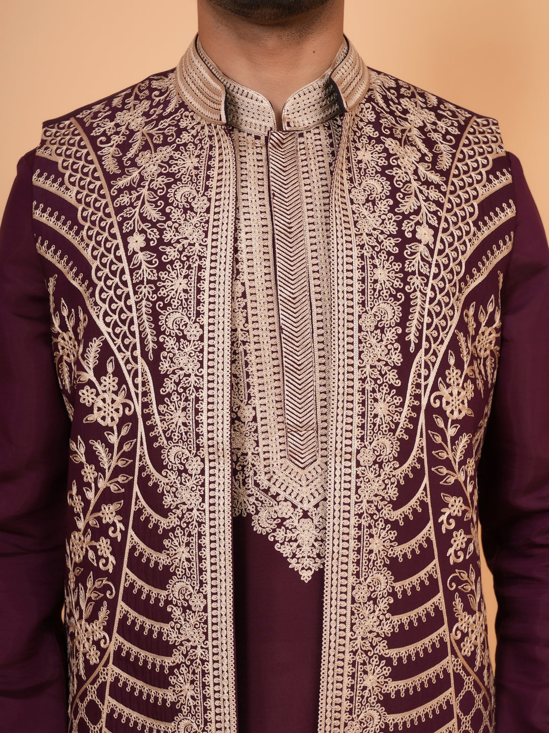 Embroidered Wine Jacket Kurta Set - JT42611-144