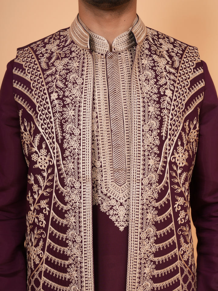 Embroidered Wine Jacket Kurta Set - JT42611-144