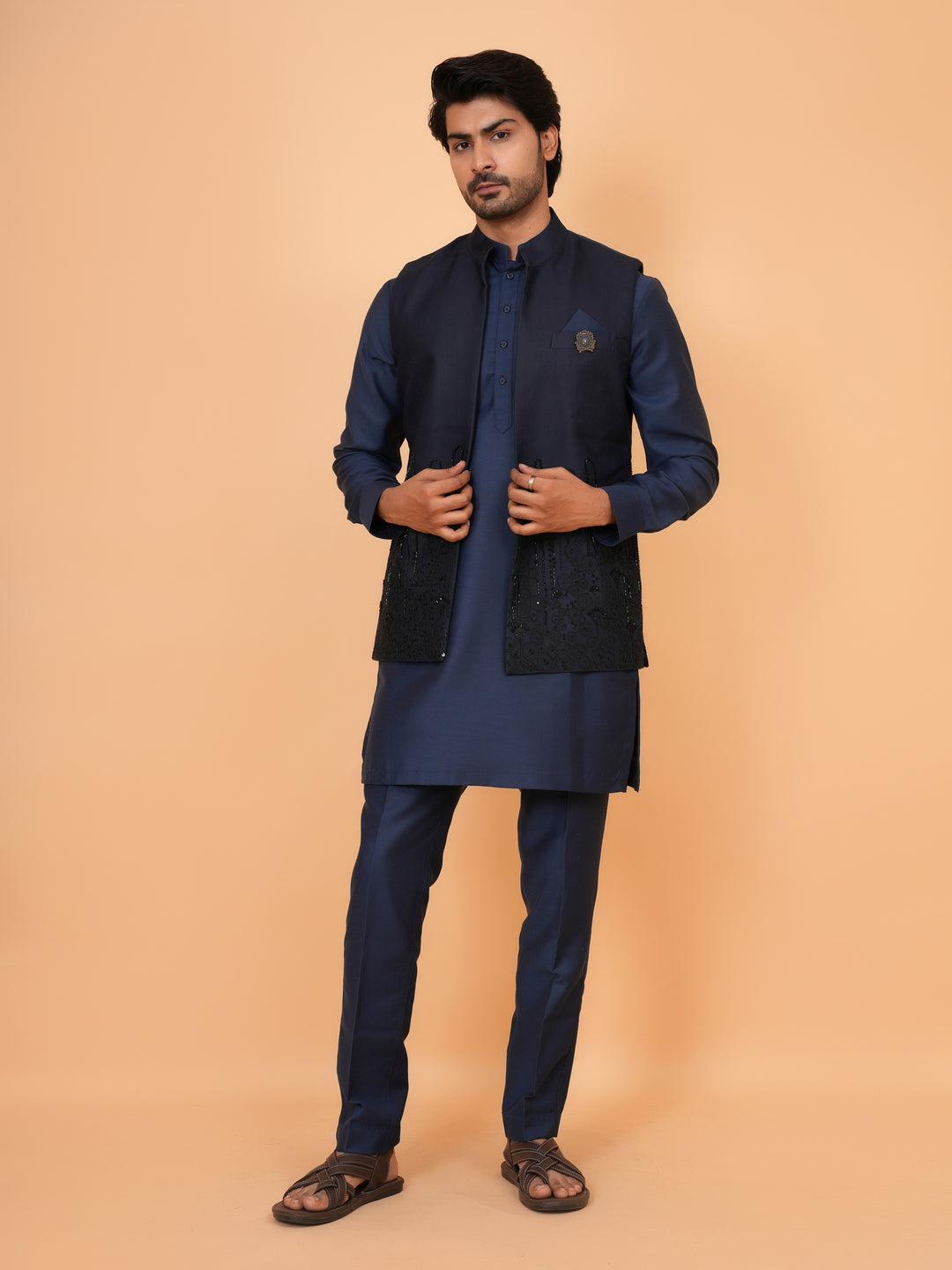 Bead Work Navy Blue Jacket Kurta Set - JT43109-748E