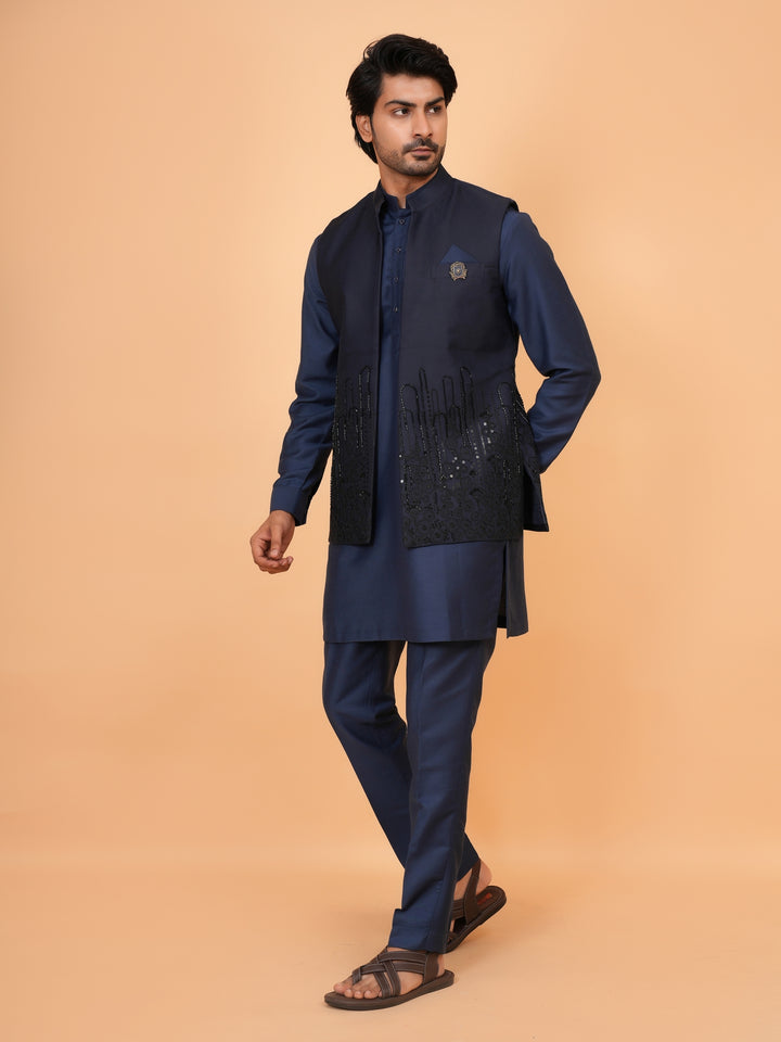Bead Work Navy Blue Jacket Kurta Set - JT43109-748E