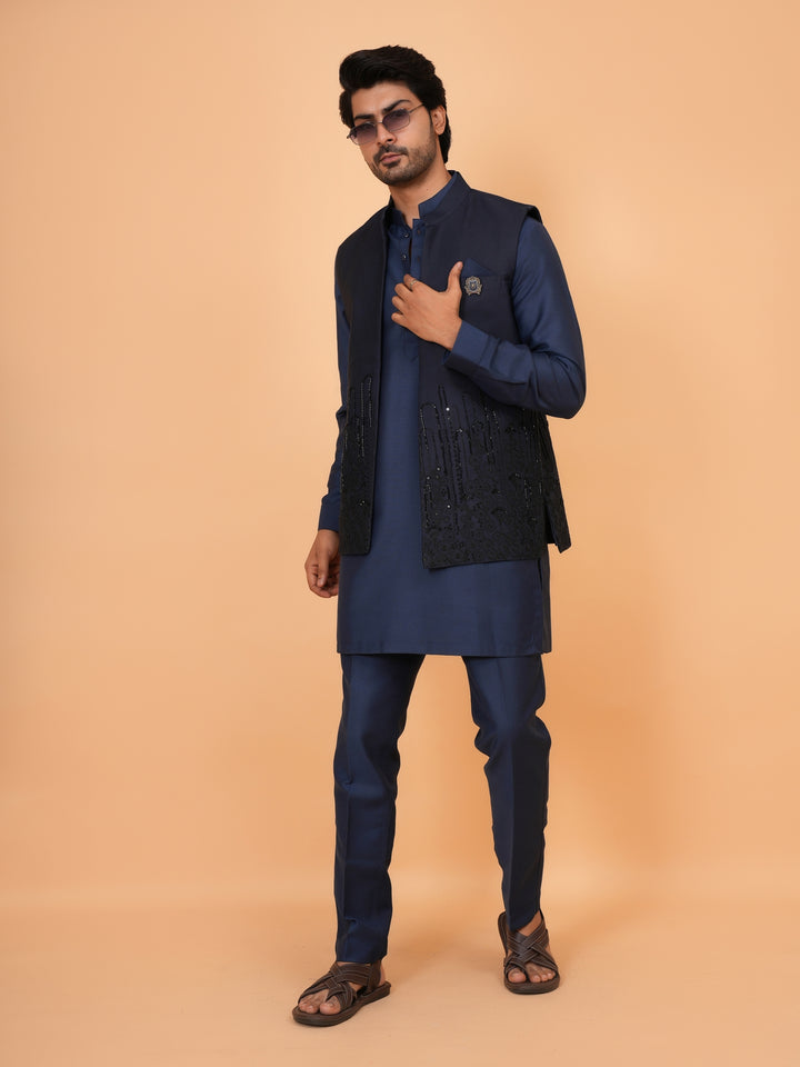 Bead Work Navy Blue Jacket Kurta Set - JT43109-748E