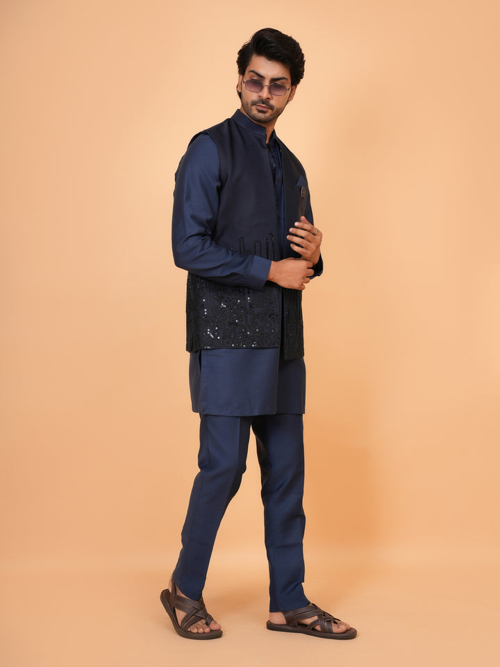 Bead Work Navy Blue Jacket Kurta Set - JT43109-748E
