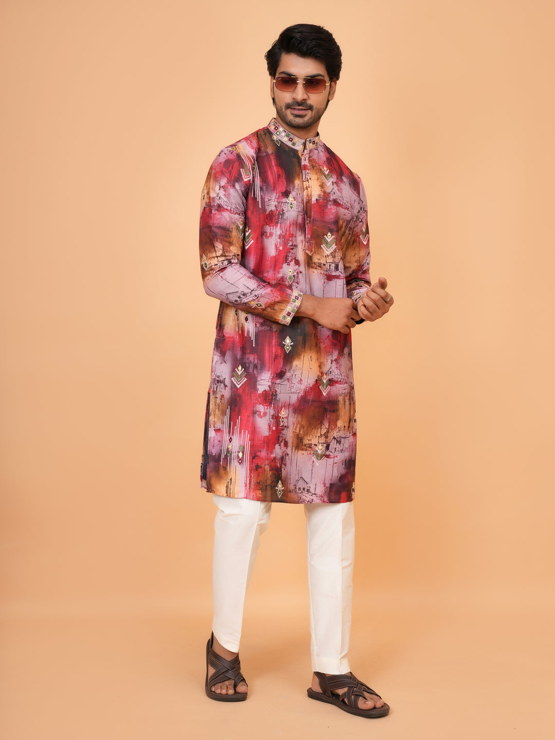 Embroidered Red Kurta Set - KM43677-1