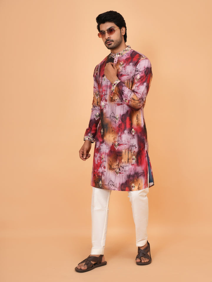 Embroidered Red Kurta Set - KM43677-1