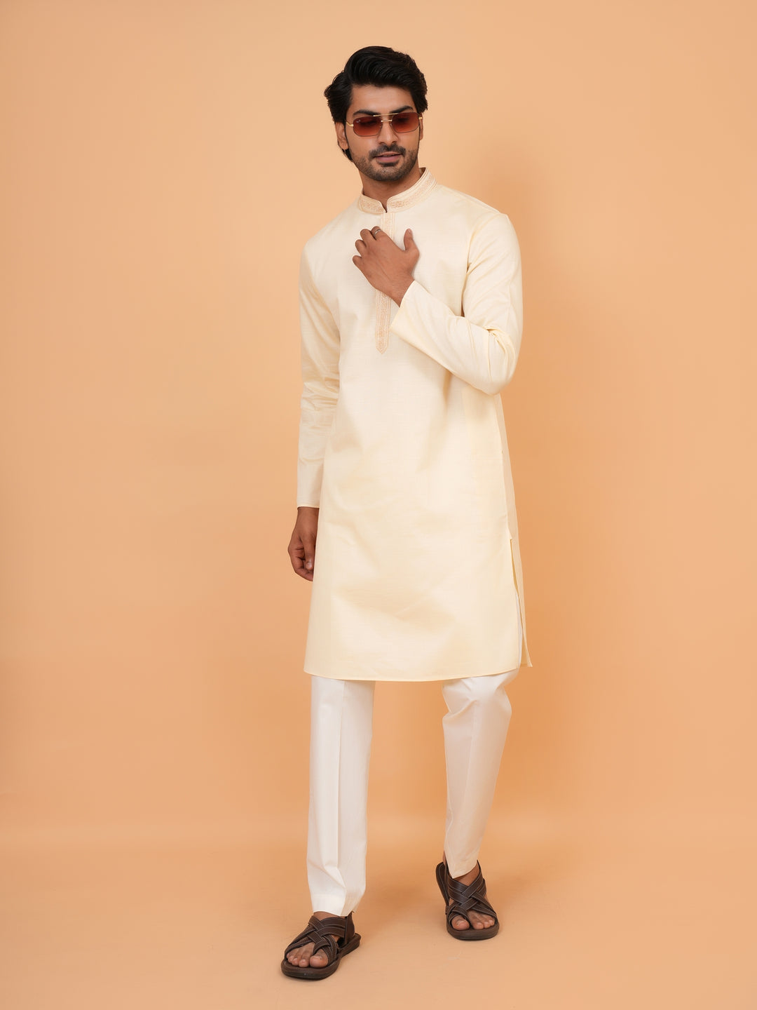 Embroidered Cream Kurta Set - KM44472-7