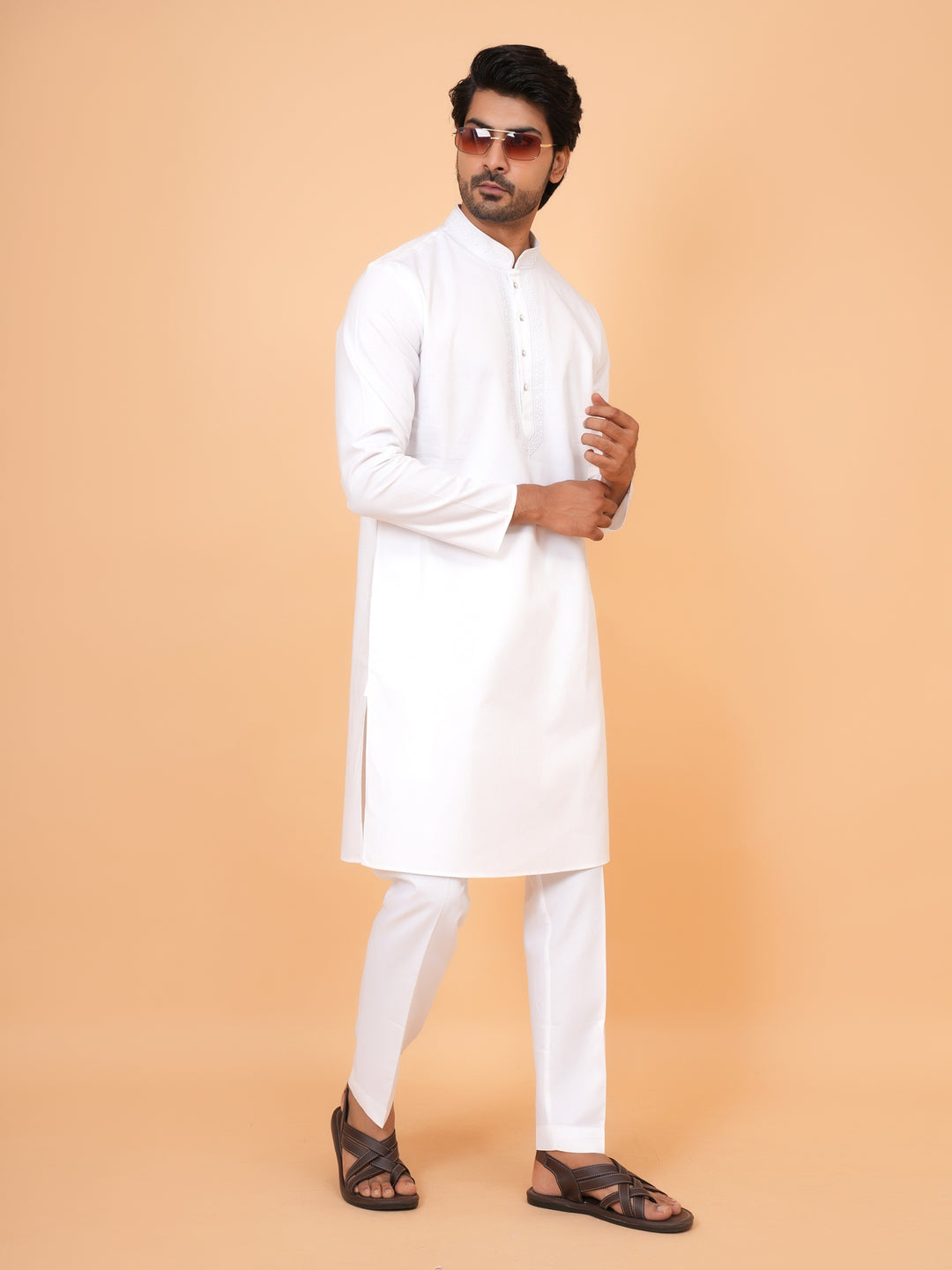 Embroidered White Kurta Set - KM44929-1
