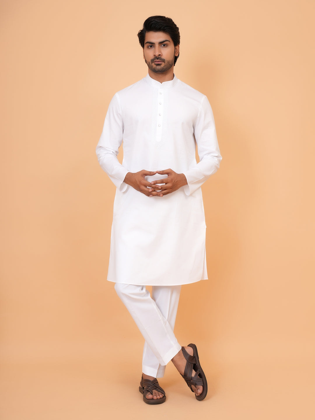 Embroidered White Kurta Set - KM44929-1