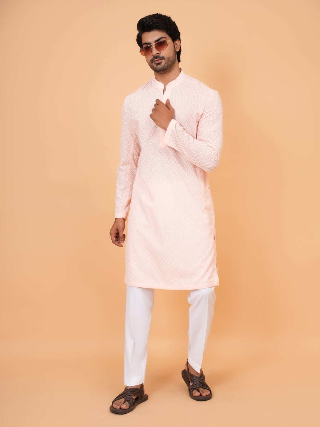 Chikan Peach Kurta Set - KM45051-102
