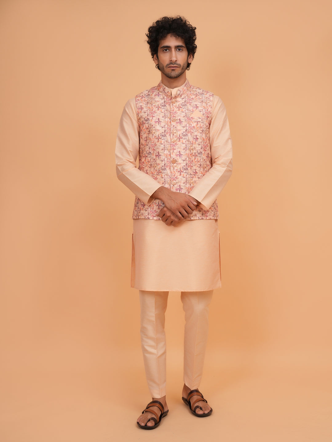 Abstract Orange Jacket Kurta Set - JM45402-1