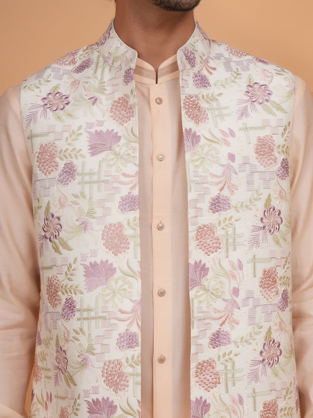 Floral Peach Jacket Kurta Set - JT43461-3