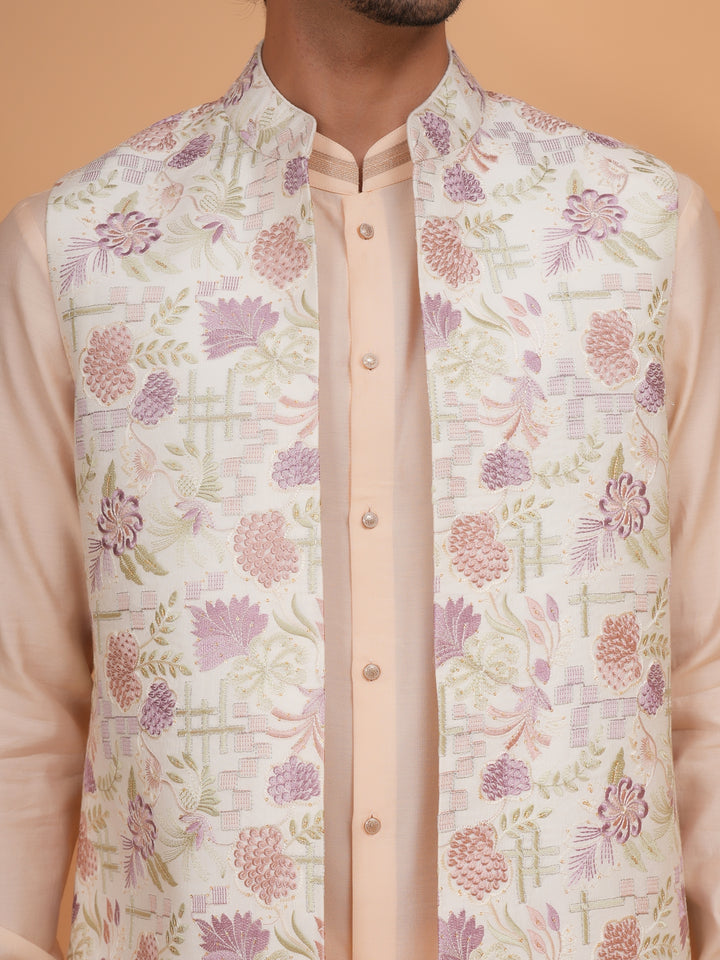 Floral Peach Jacket Kurta Set - JT43461-3