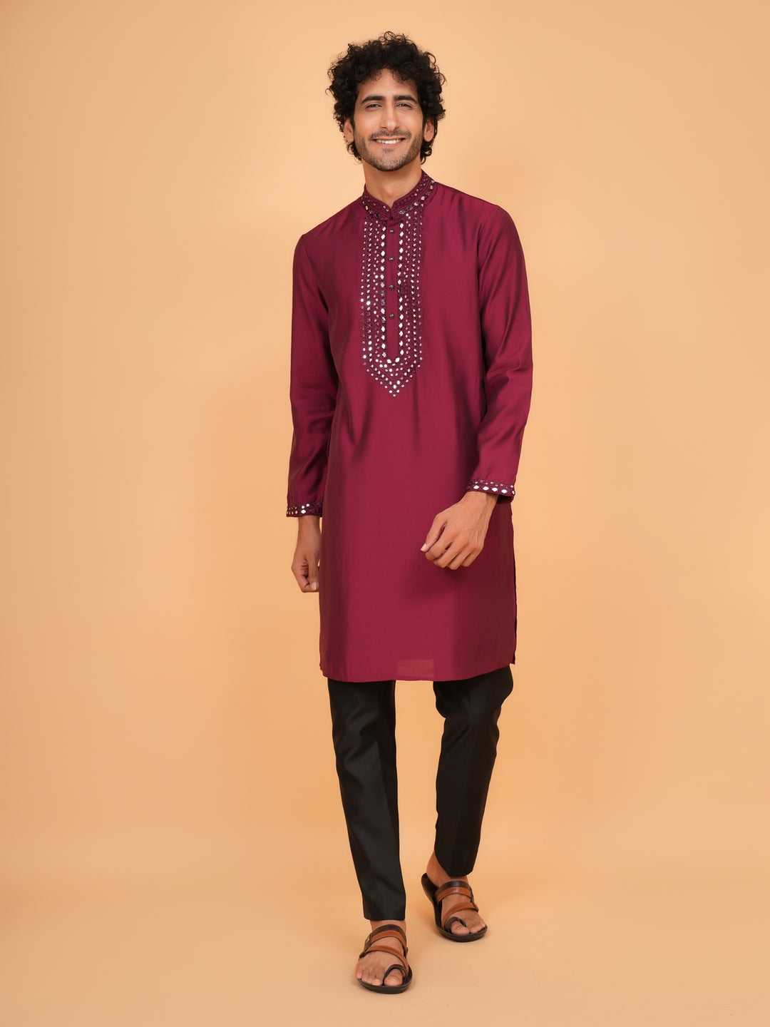 Mirror Work Wine Kurta Set - KM43151-15
