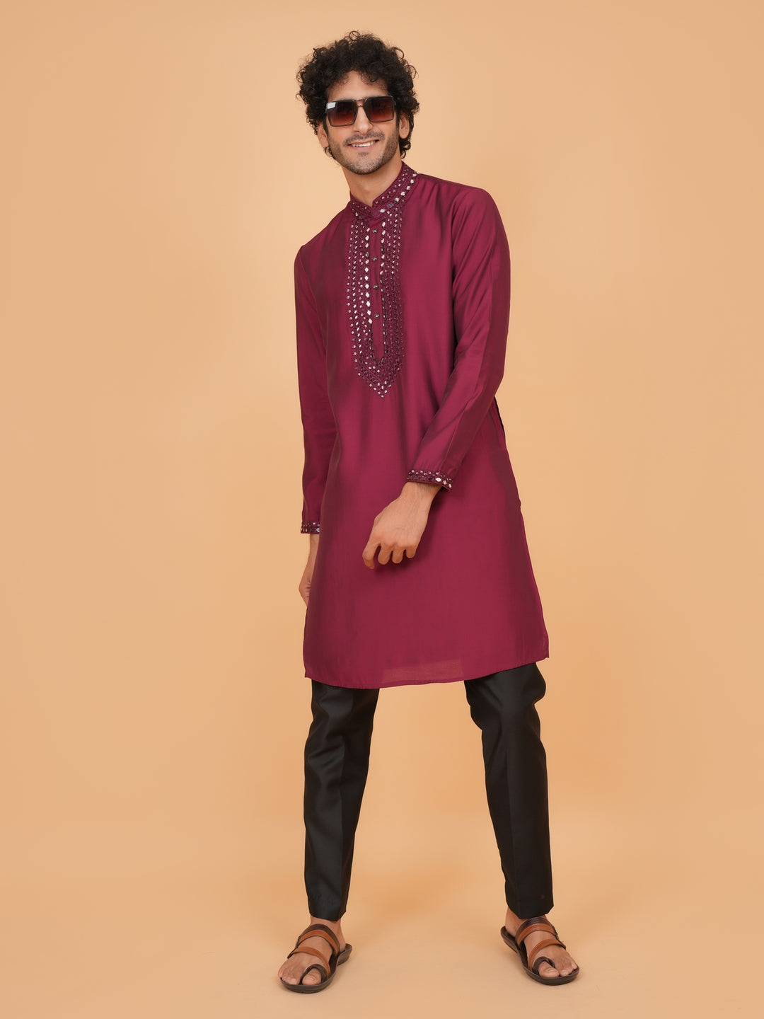 Mirror Work Wine Kurta Set - KM43151-15