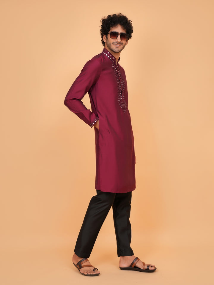 Mirror Work Wine Kurta Set - KM43151-15
