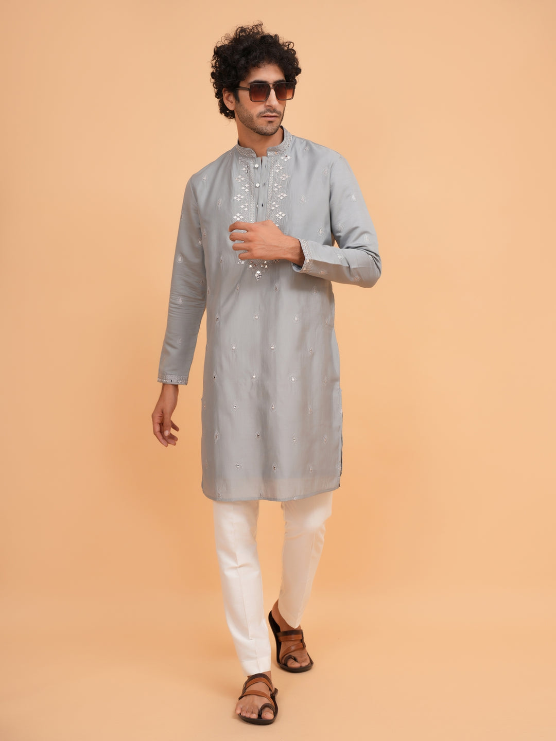 Mirror Work Grey Kurta Set - KM43153-19