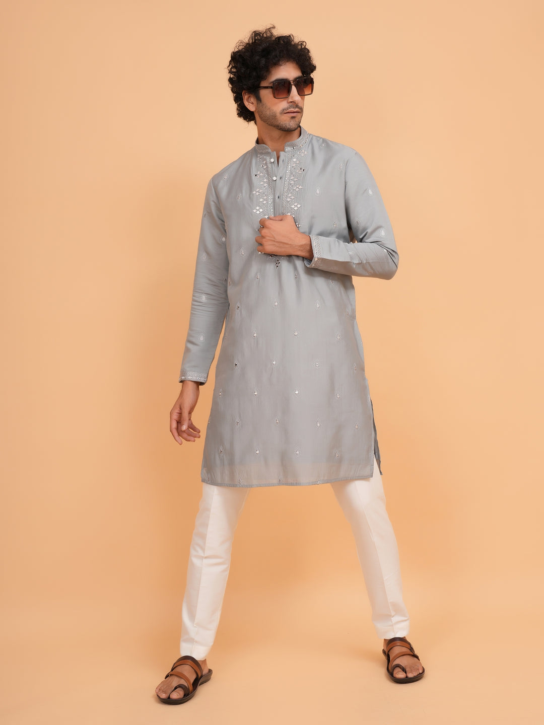 Mirror Work Grey Kurta Set - KM43153-19