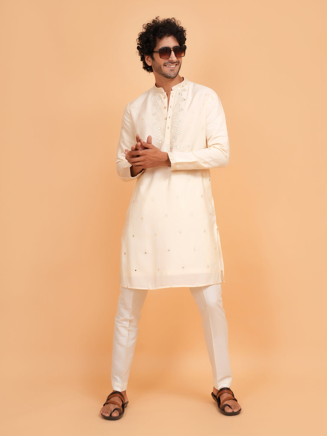 Mirror Work Off White Kurta Set - KM43153-2