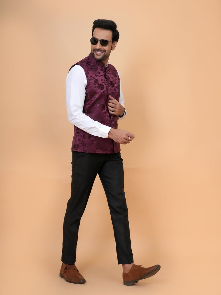 Floral Wine Nehru Jacket - B44742-21