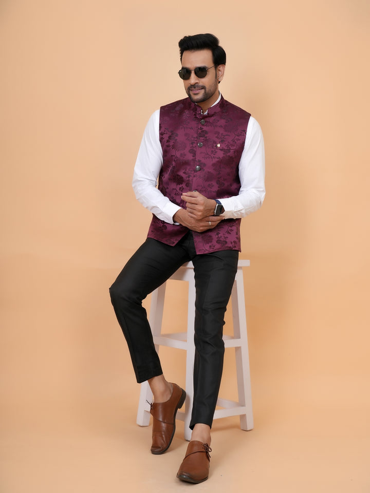 Floral Wine Nehru Jacket - B44742-21